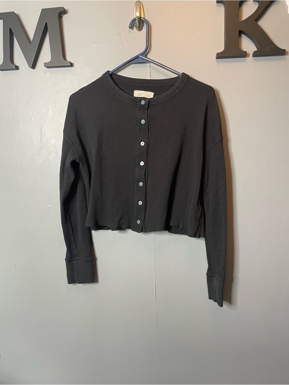 Everlane Black Cropped Button-Front Waffle Knit Long Sleeve Cardigan size small